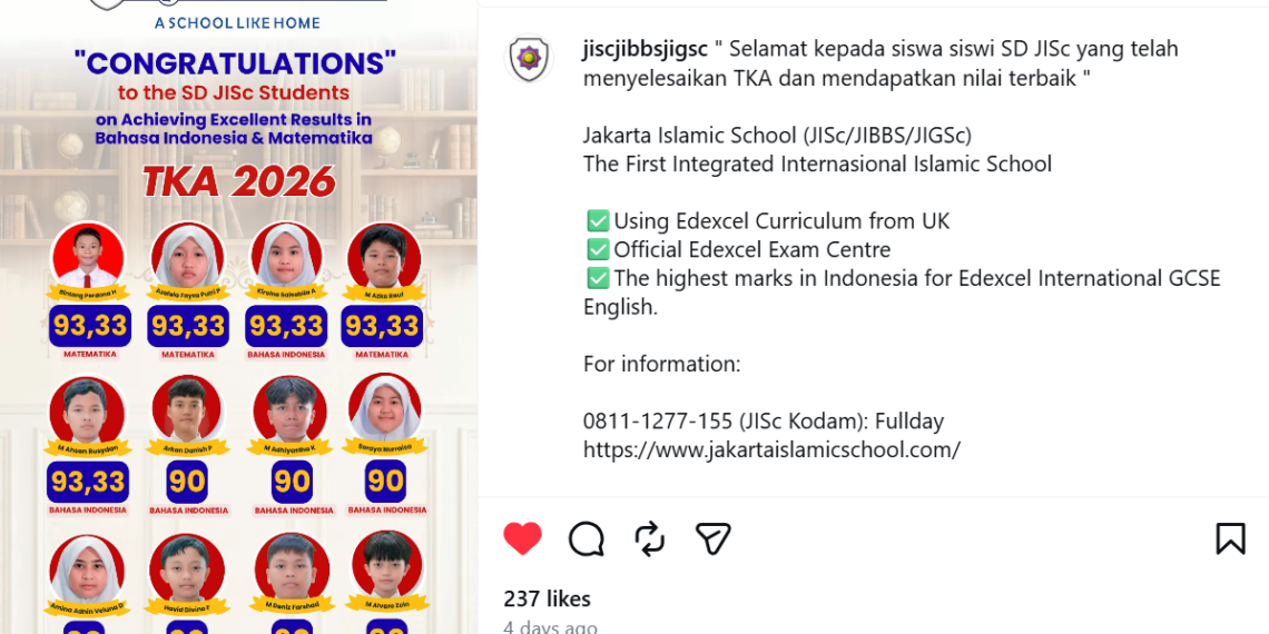 Selamat Kepada Siswa Siswi SD JISc Menyelesaikan TKA dan Mendapatkan Nilai Terbaik